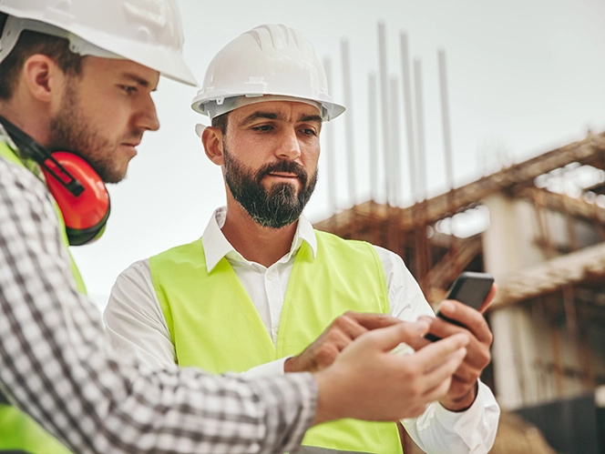 professionals de la construcció treballant amb el mòbil